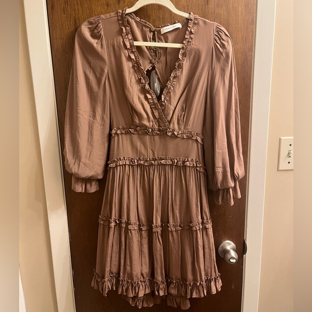 Mustard Seed Brown Sundress with Plunge Neckline and Bishop Sleeve